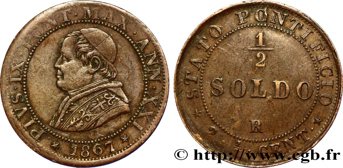 VATICAN AND PAPAL STATES 1/2 Soldo 1867 Rome XF 
