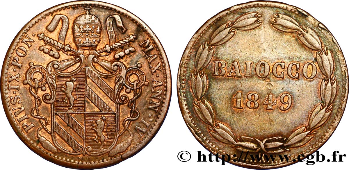 VATICAN AND PAPAL STATES 1 Baiocco au nom de Pie IX an IV 1849 Rome XF 