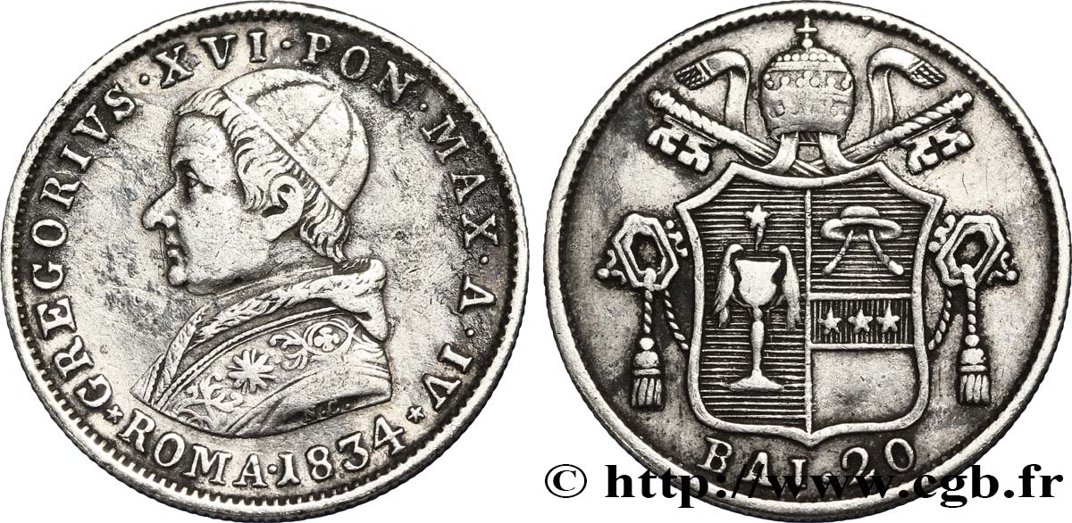 VATICAN AND PAPAL STATES 20 Baiocchi Grégoire XVI an IV 1834 Rome XF 