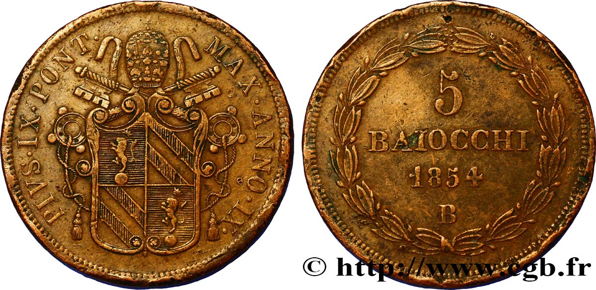 VATICAN ET ÉTATS PONTIFICAUX 5 Baiocchi 1854 Bologne TTB 