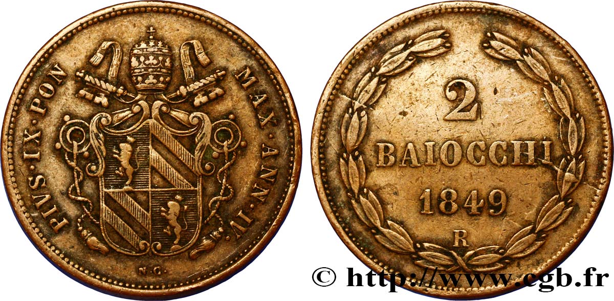 VATICAN AND PAPAL STATES 2 Baiocchi  1849 Bologne XF 