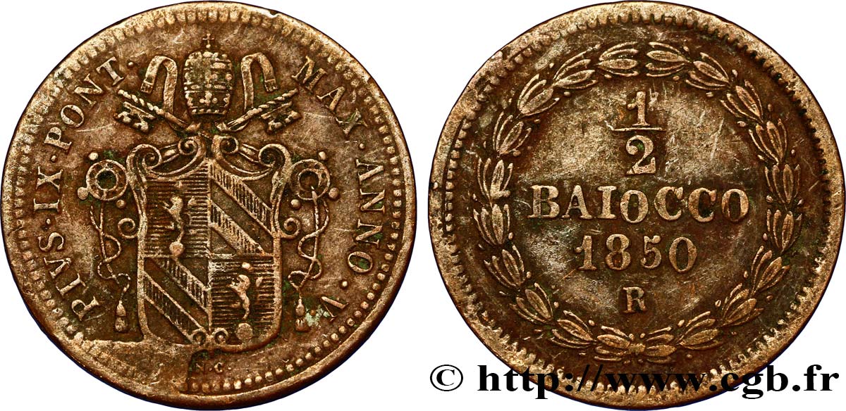 VATICAN AND PAPAL STATES 1/2 Baiocco 1850 Rome XF 