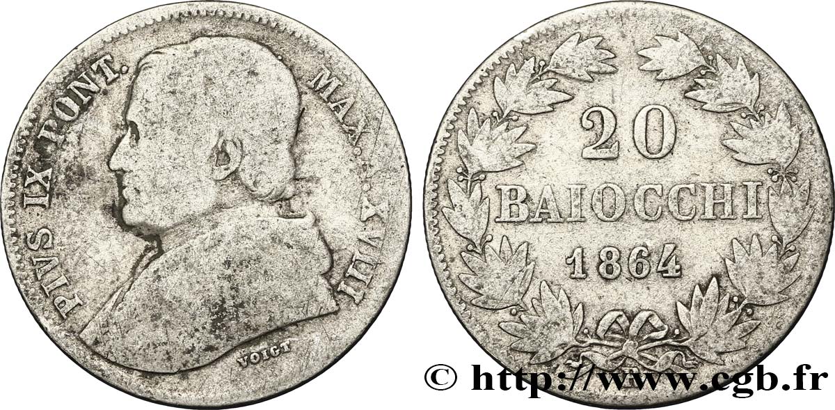 VATICAN AND PAPAL STATES 20 Baiocchi 1864 Rome VF 