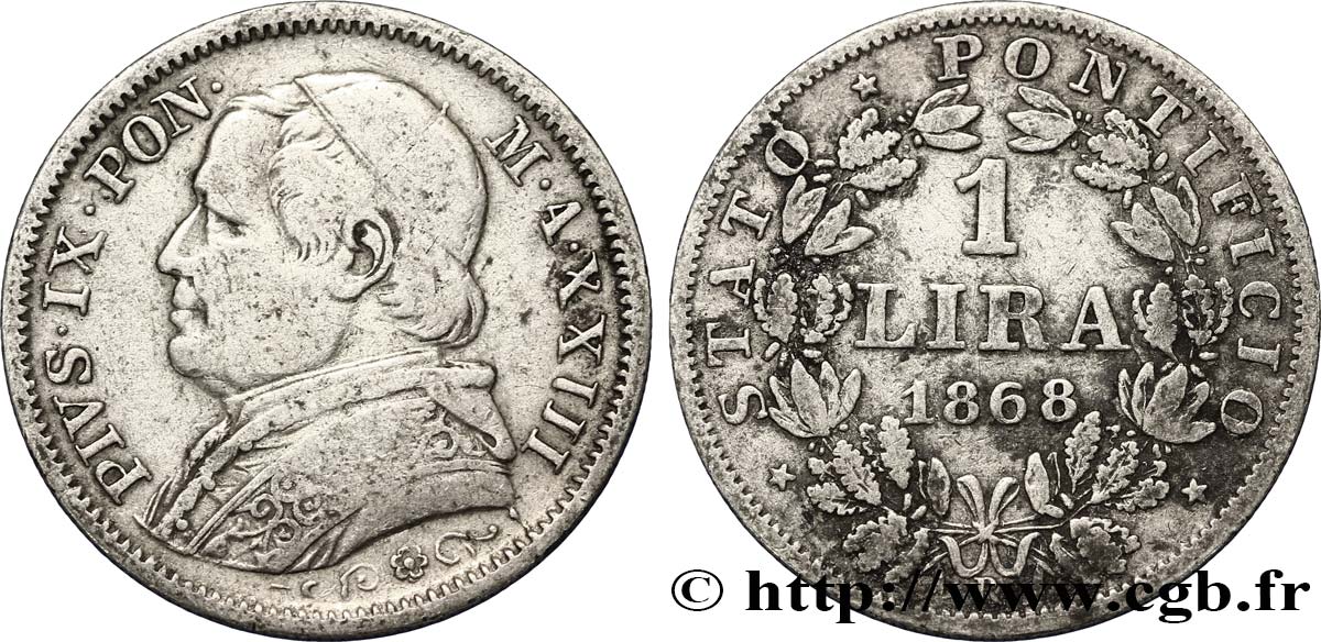 VATICAN AND PAPAL STATES 1 Lire Pie IX 1868 Rome VF 