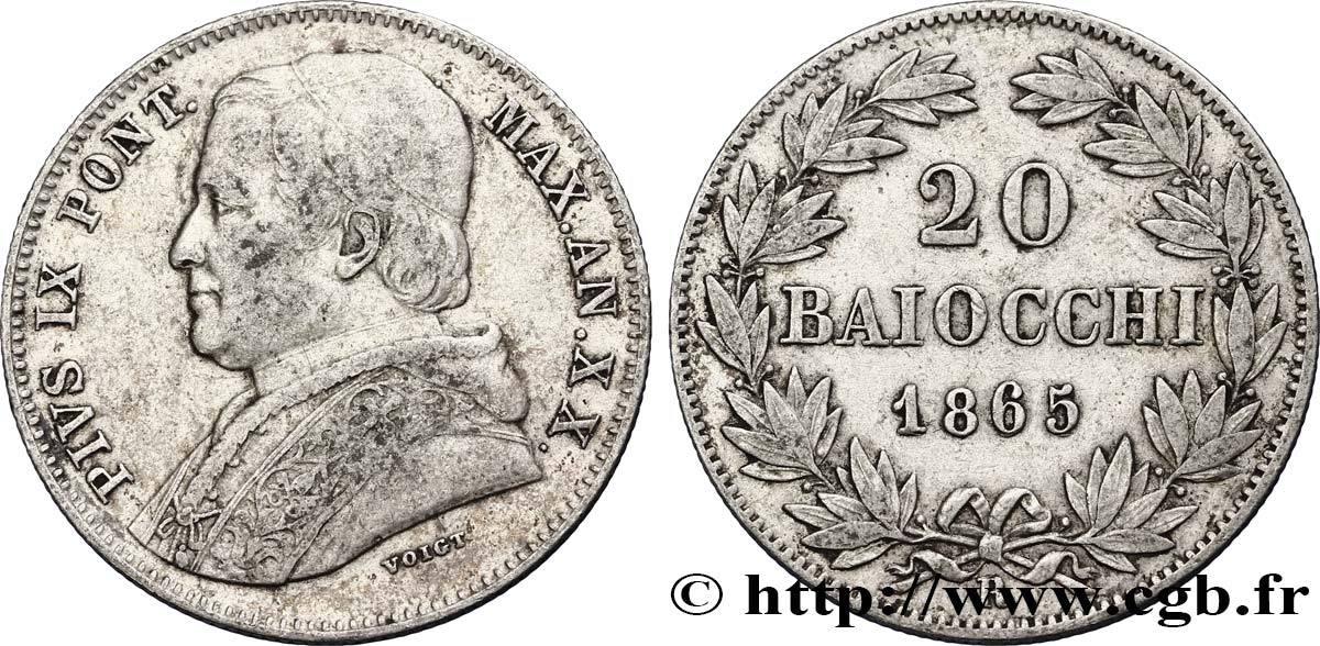 VATICAN AND PAPAL STATES 20 Baiocchi 1865 Rome VF 