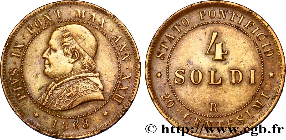 VATICAN ET ÉTATS PONTIFICAUX 4 Soldi (20 Centesimi) 1868 Rome TTB 