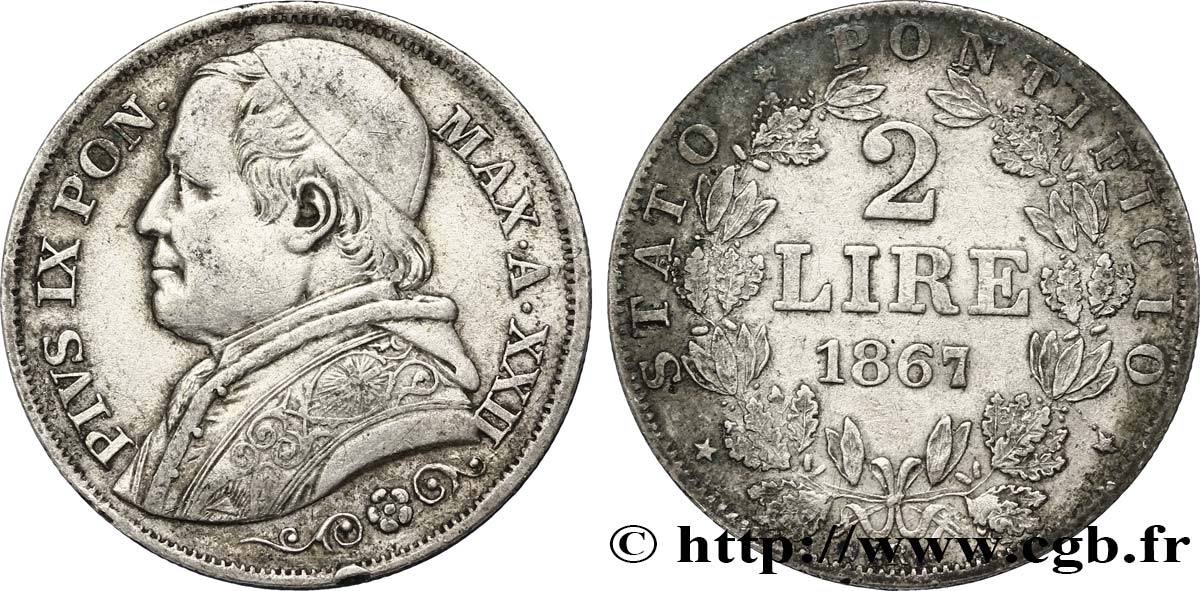 VATICAN AND PAPAL STATES 2 Lire Pie IX 1867 Rome VF 