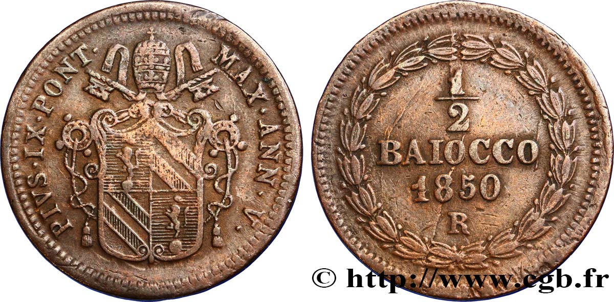 VATICAN AND PAPAL STATES 1/2 Baiocco 1850 Rome XF 