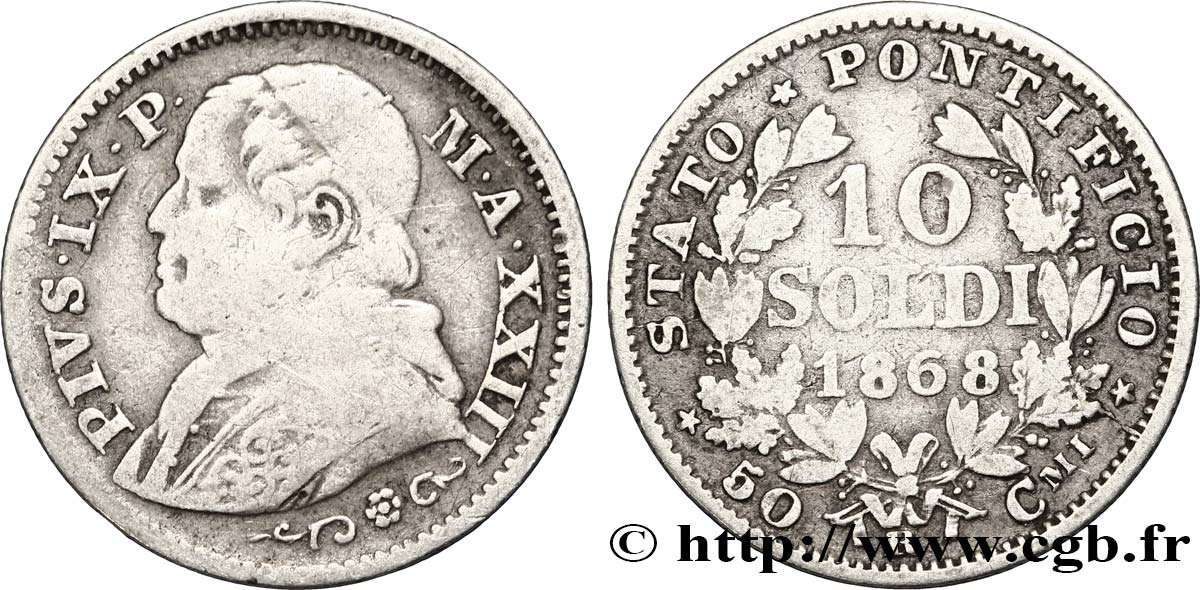 VATICANO Y ESTADOS PONTIFICIOS 10 Soldi (50 Centesimi) 1868 Rome BC+ 