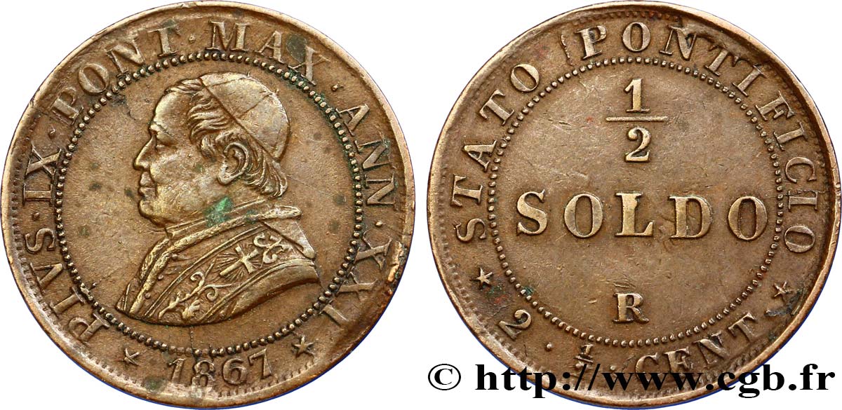 VATICAN AND PAPAL STATES 1/2 Soldo 1867 Rome XF 