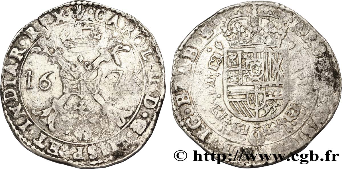 BELGIO - PAESI BASSI SPAGNOLI Patagon au nom de Charles II d’Espagne 1673 Anvers q.BB 