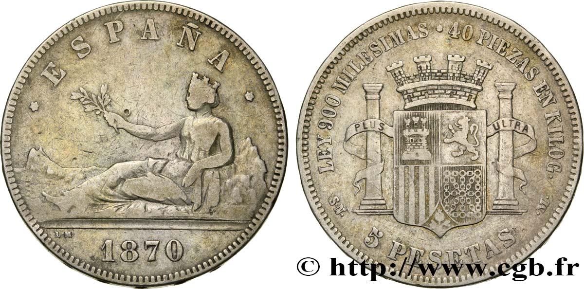 ESPAGNE 5 Pesetas 1870 Madrid TB+ 
