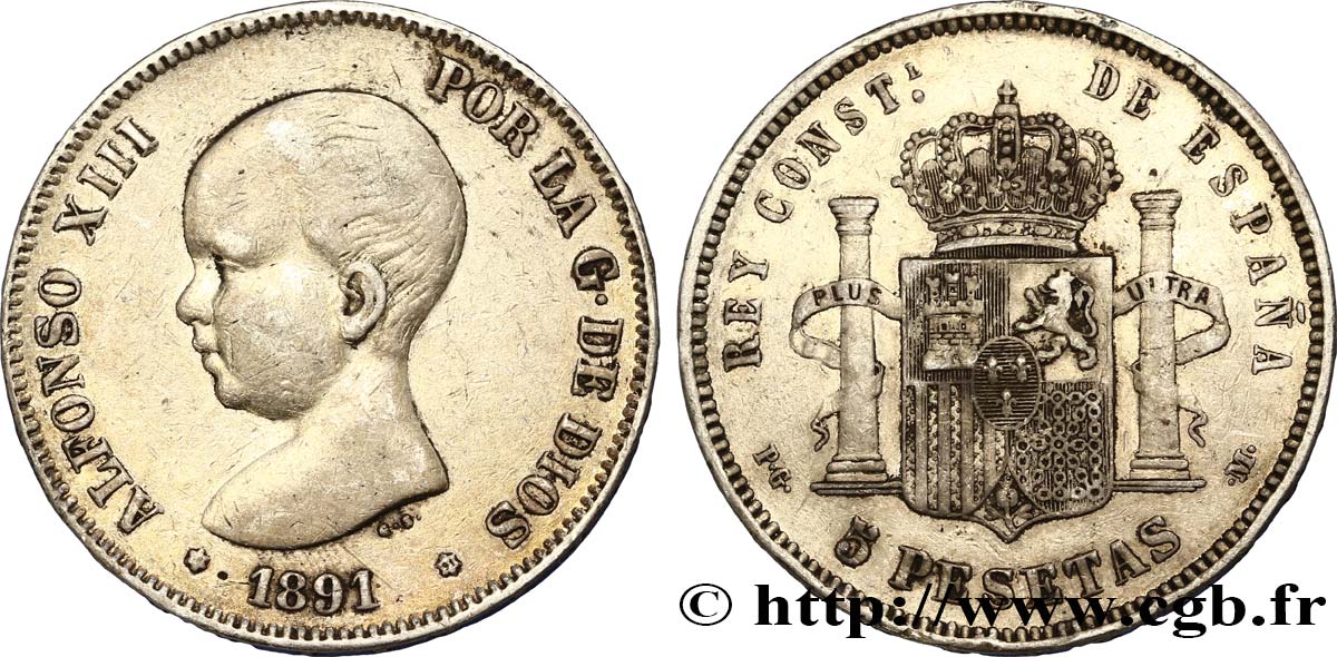 SPANIEN 5 Pesetas Alphonse XIII 1er type 1891 Madrid S 
