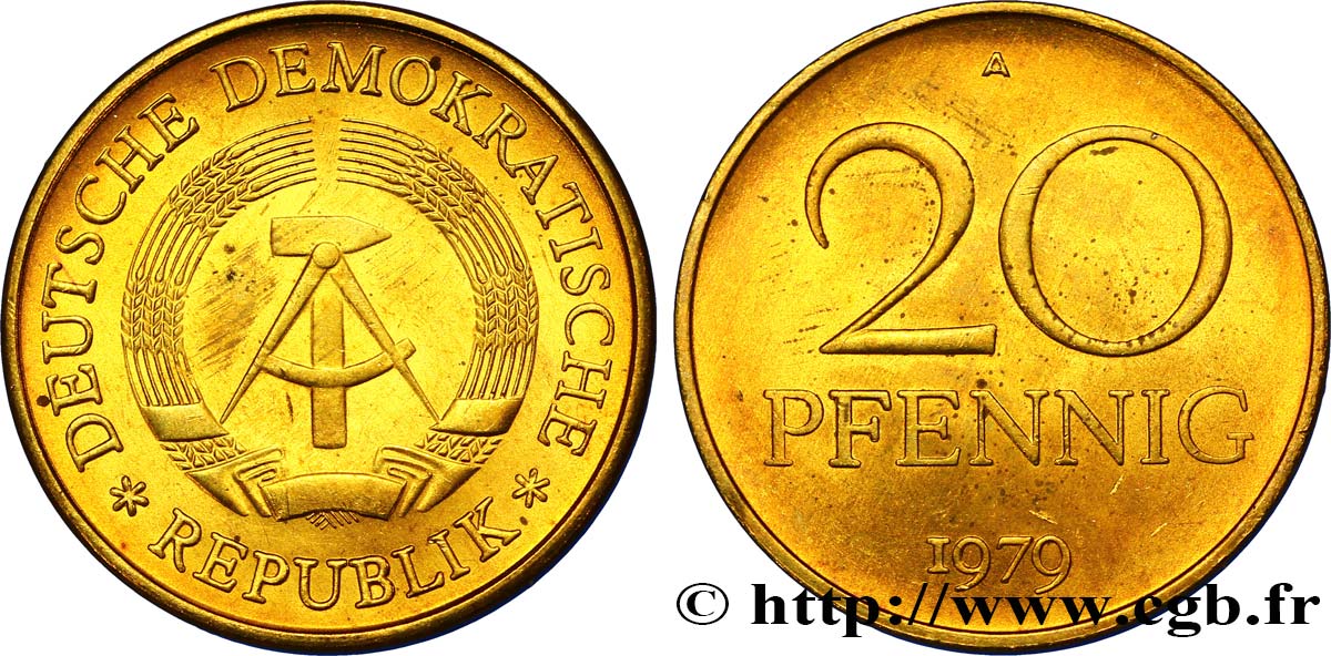 REPúBLICA DEMOCRáTICA ALEMANA 20 Pfennig emblème de la RDA 1979 Berlin SC 