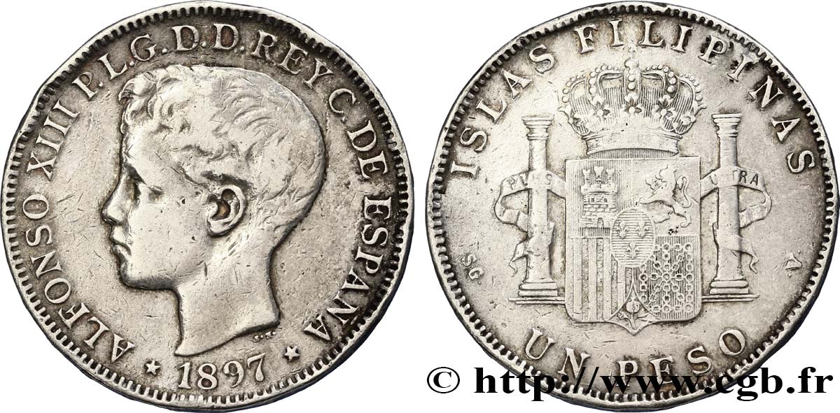 PHILIPPINES 1 Peso Alphonse XIII 1897 Madrid TB 