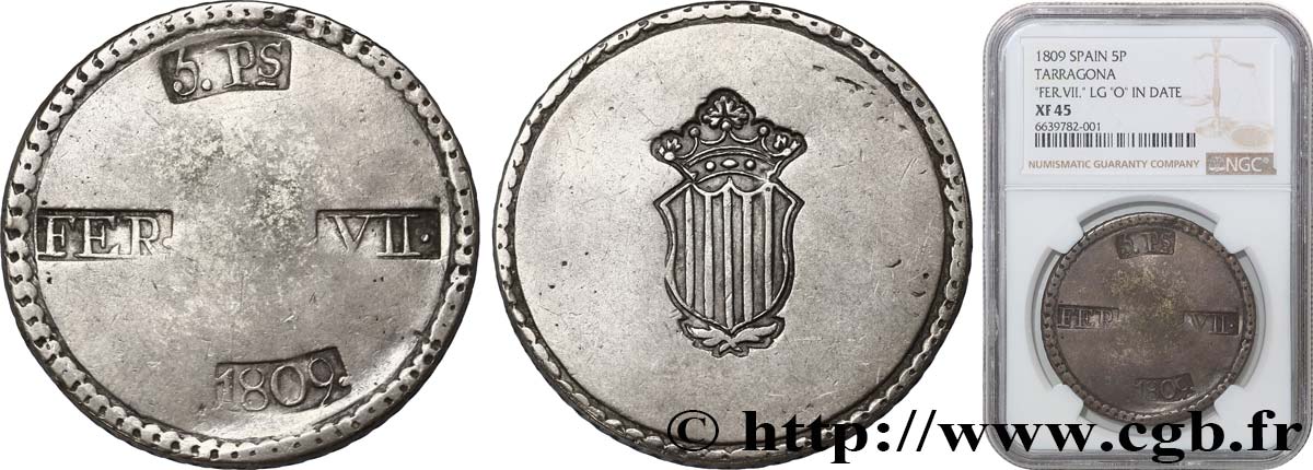 SPAGNA 5 Pesetas Tarragone blason étroit 1809 Tarragone BB45 NGC