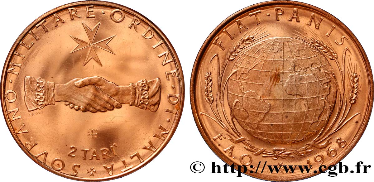 SOVRANO ORDINE DI MALTA 2 Tari Proof Frà Angelus de Mojana FAO 1968 S.M.O.M., Rome MS 