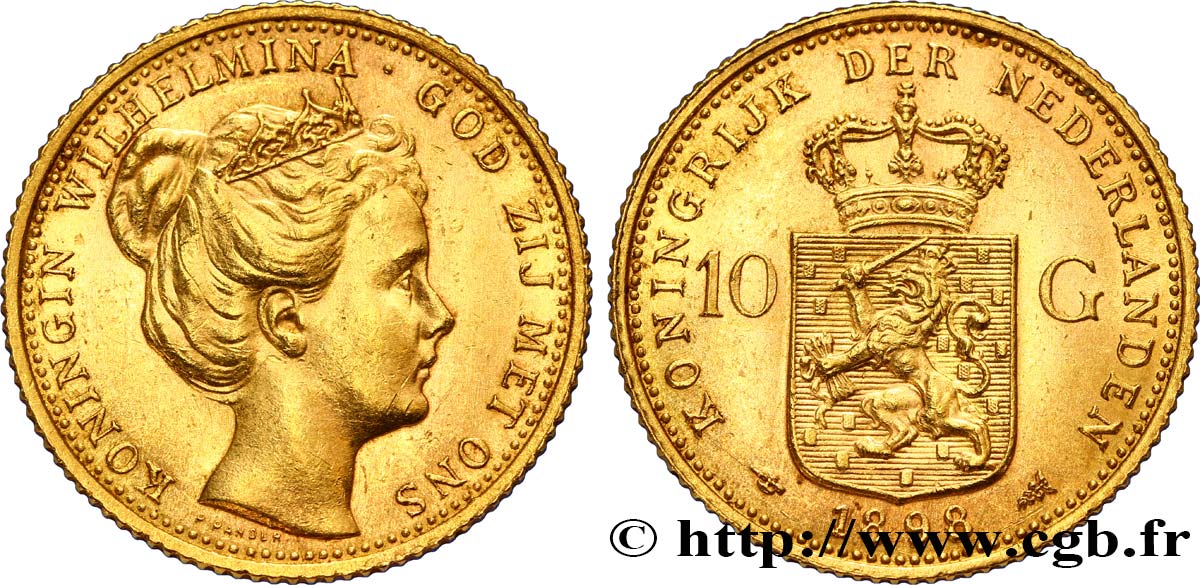 NETHERLANDS 10 Gulden or Reine Wilhelmina 1898 Utrecht AU 