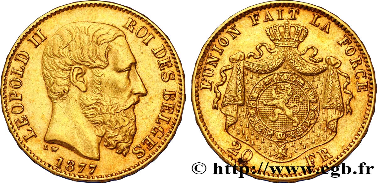 BELGIEN 20 Francs Léopold II 1877 Bruxelles fVZ 