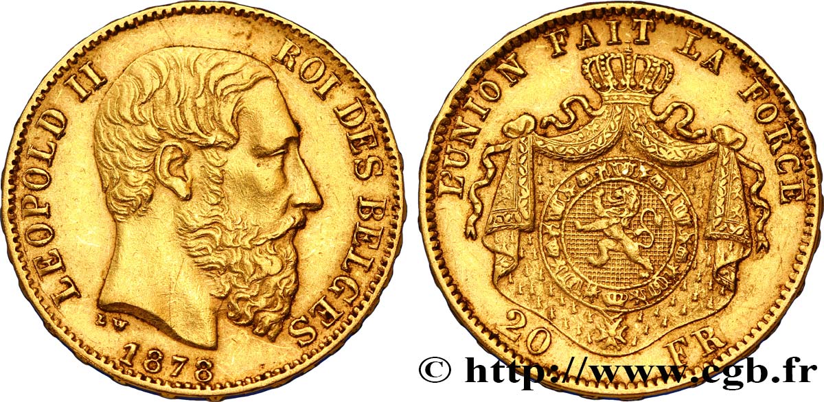 BÉLGICA 20 Francs Léopold II 1878 Bruxelles MBC+ 