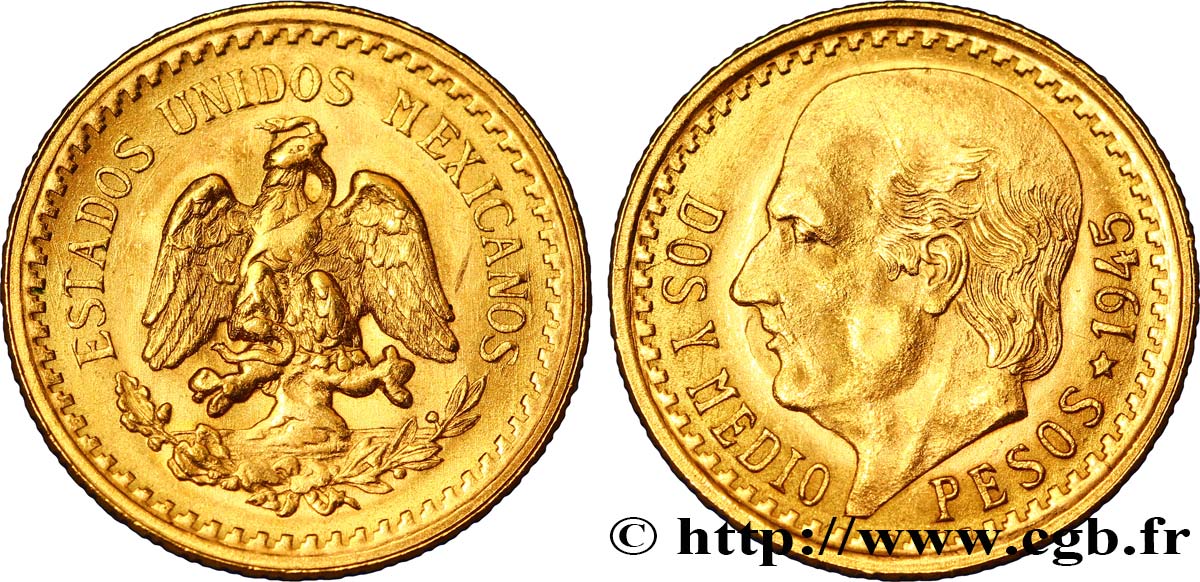 MEXIKO 2 1/2 Pesos or Aigle du Mexique / Miguel Hidalgo 1945 Mexico fST 
