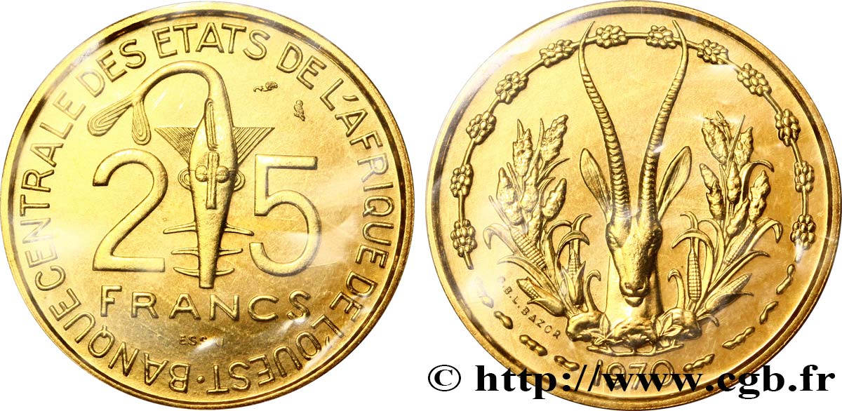 WEST AFRICAN STATES (BCEAO) Essai de 25 Francs masque / antilope 1970 Paris MS70 