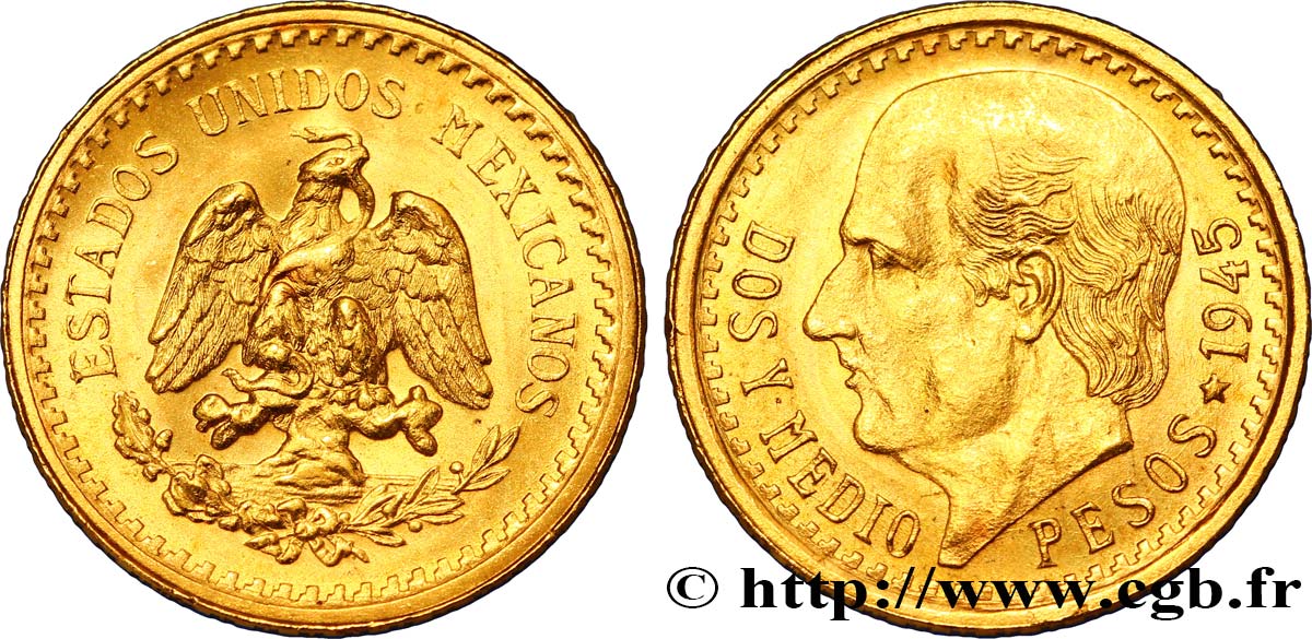 MÉXICO 2 1/2 Pesos or Aigle du Mexique / Miguel Hidalgo 1945 Mexico SC 