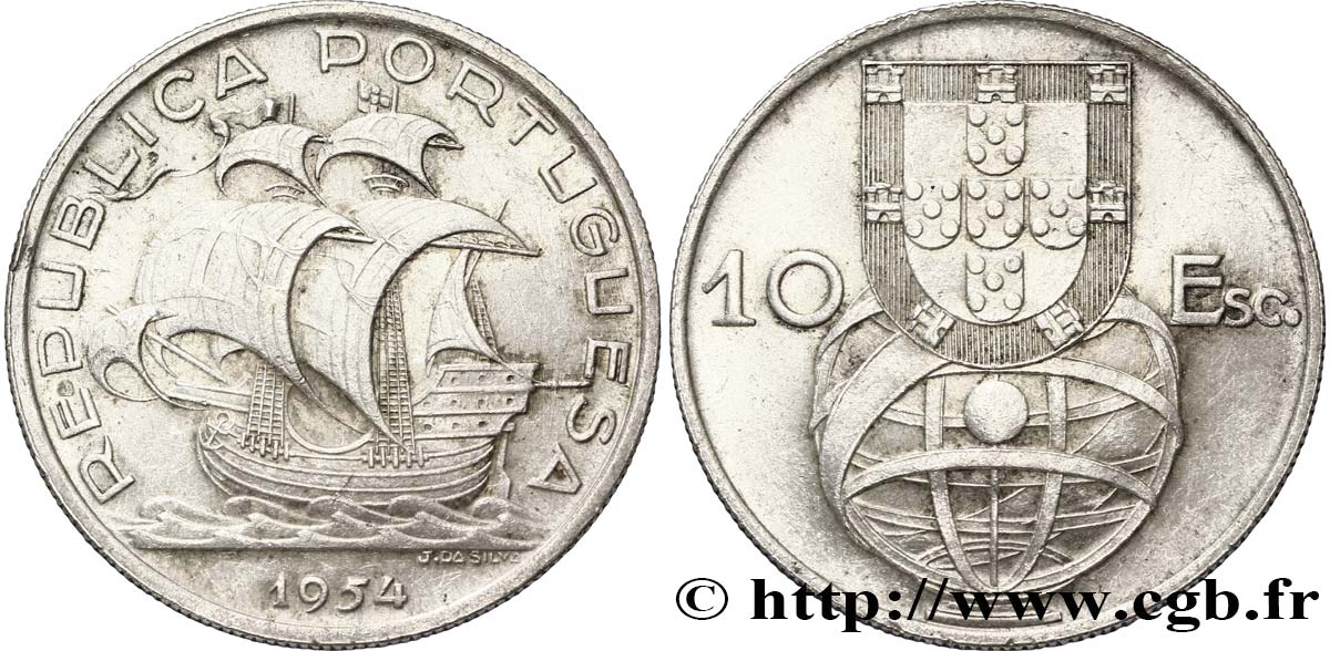PORTUGAL 10 Escudos emblème et globe / caravelle 1954  VZ 