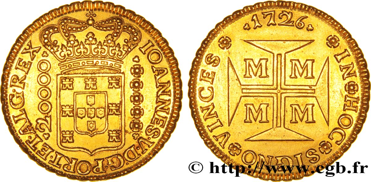 PORTUGAL Dobra de 20.000 Reis Jean V (Joao V) 1726 Minas Gerais AU 