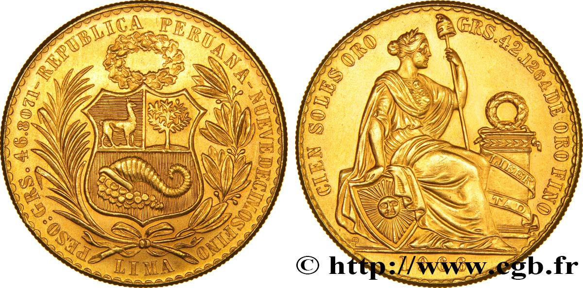 PERU 100 Soles de Oro emblème / liberté assise 1966 Lima fST 
