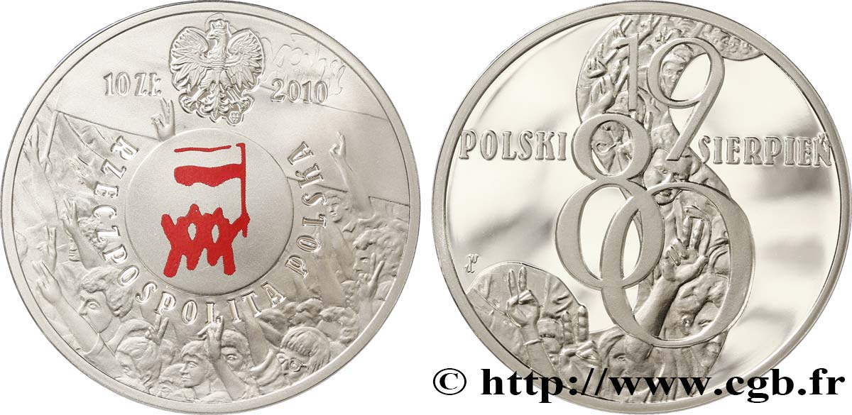 POLONIA 10 Zlotych 30e anniversaire du mois d’Août Polonais 2010  FDC 