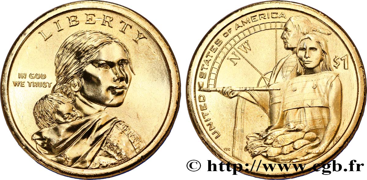 ÉTATS-UNIS D AMÉRIQUE 1 Dollar Sacagawea / Accueil des indiens lors de l’expédition Lewis et Clark type tranche B 2014 Philadelphie - P SPL 