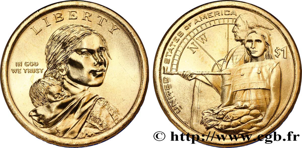 UNITED STATES OF AMERICA 1 Dollar Sacagawea / Accueil des indiens lors de l’expédition Lewis et Clark type tranche A 2014 Denver MS 