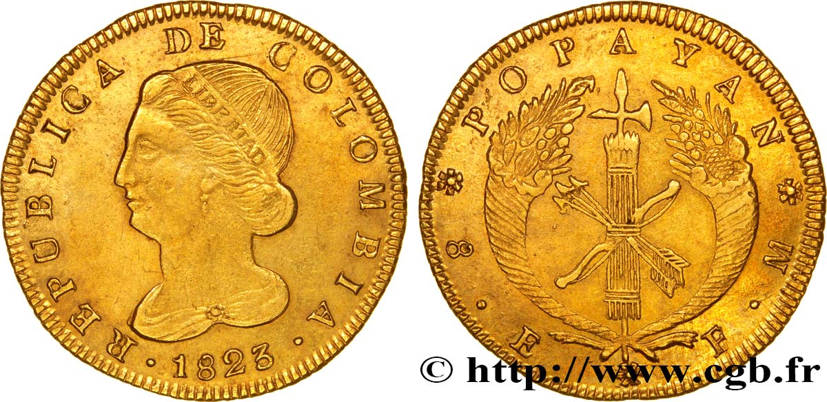 COLOMBIA 8 Escudos en or 1823 Popayan AU 