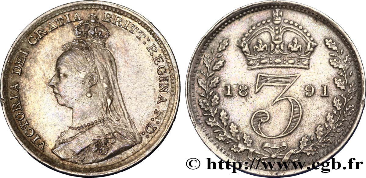 UNITED KINGDOM 3 Pence Victoria buste du jubilé 1891  AU 