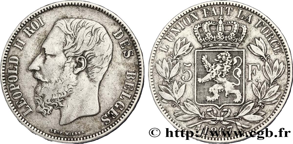 BELGIUM 5 Francs Léopold II / écu couronné variété “F” avec point 1867  XF 
