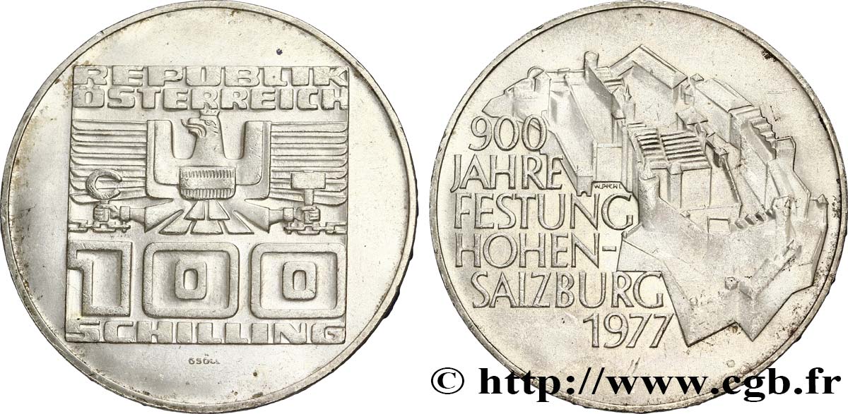 ÖSTERREICH 100 Schilling 900e anniversaire de la forteresse du Hohensalzburg 1977  VZ 