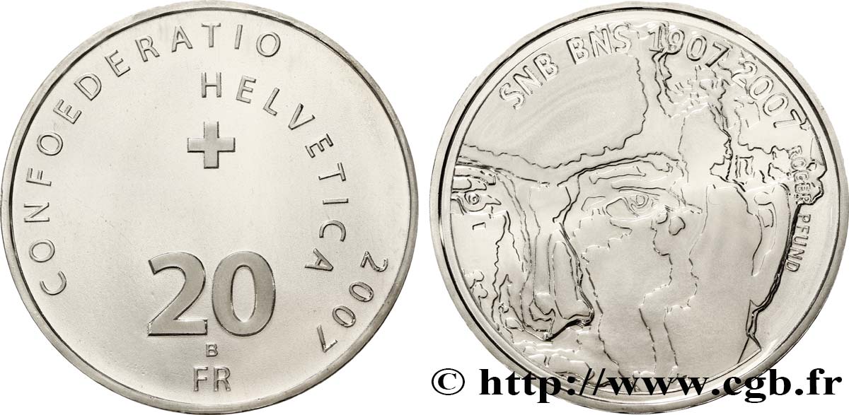 SVIZZERA  20 Francs 100e anniversaire de la Banque nationale suisse, le compositeur Arthur Honegger 2007 Berne - B FDC 