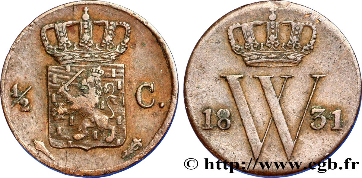 PAESI BASSI 1/2 Cent  emblème monogramme de William Ier 1831 Utrecht q.BB 