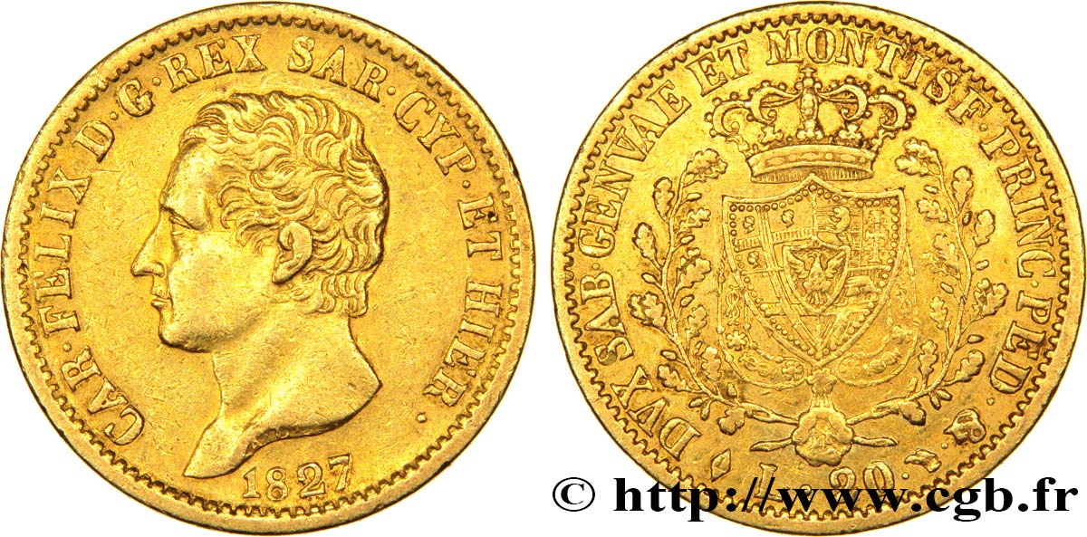 ITALIA - REGNO DE SARDINIA 20 Lires or Charles Félix 1827 Turin BB 