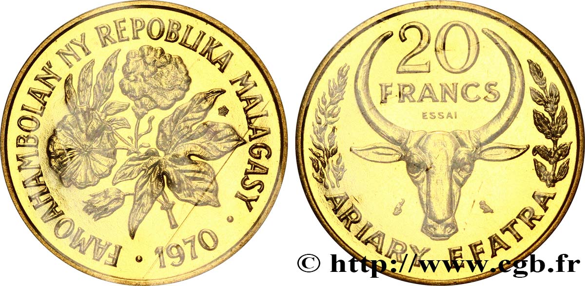 MADAGASKAR Essai de 20 Francs - 4 Ariary buffle / fleurs 1970 Paris ST70 