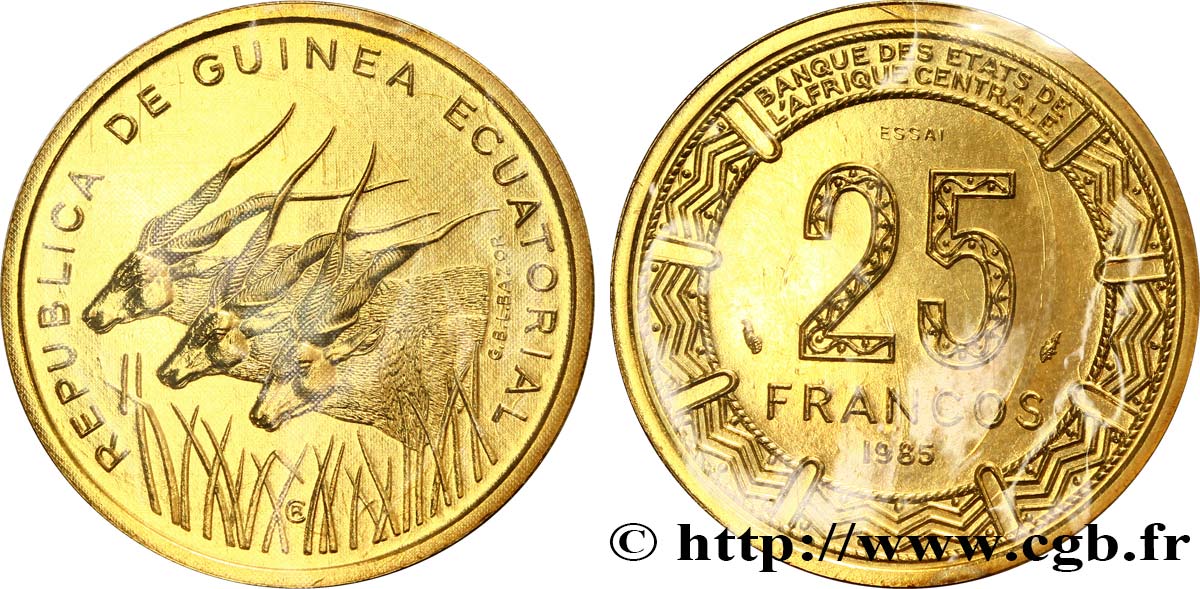 ÄQUATORIALGUINEA Essai de 25 Francos BEAC antilopes 1985 Paris ST 