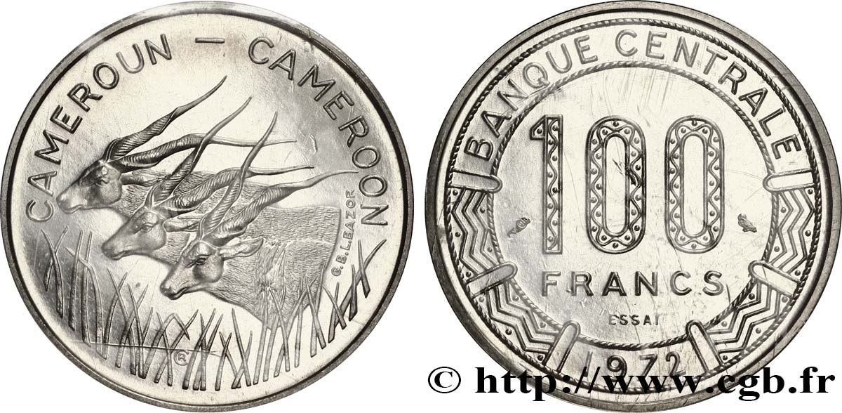 CAMERúN Essai de 100 Francs légende bilingue, type Banque Centrale, antilopes 1972 Paris FDC 