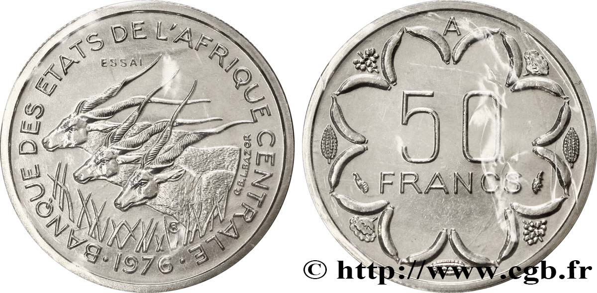 ESTADOS DE ÁFRICA CENTRAL
 Essai de 50 Francs antilopes lettre ‘A’ Tchad 1976 Paris FDC 