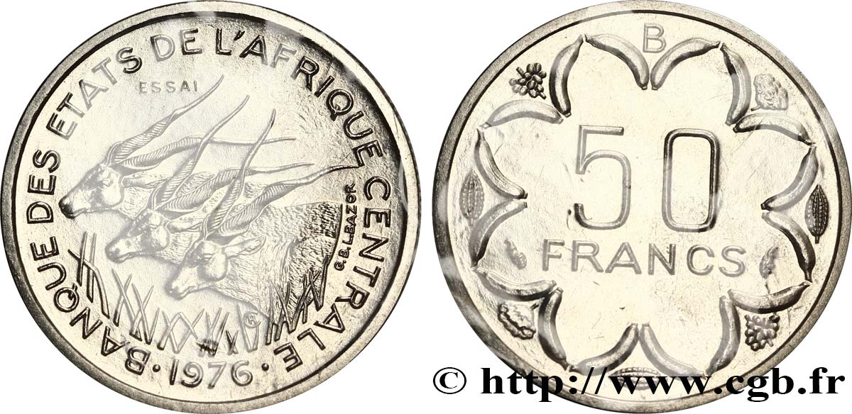 STATI DI L  AFRICA CENTRALE Essai de 50 Francs antilopes lettre ‘B’ République Centrafricaine 1976 Paris FDC 