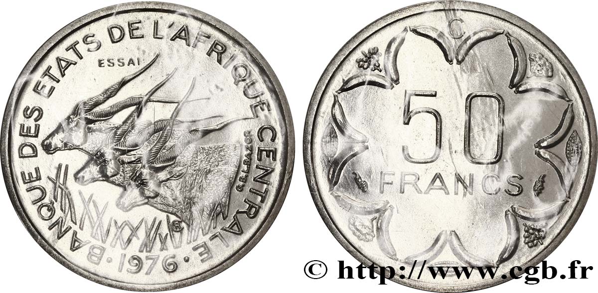 ESTADOS DE ÁFRICA CENTRAL
 Essai de 50 Francs antilopes lettre ‘C’ Congo 1976 Paris FDC 