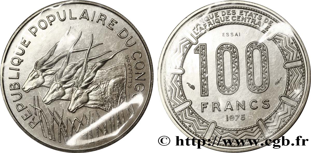 REPUBBLICA DEL CONGO Essai de 100 Francs type “BCEAC”, antilopes 1975 Paris FDC 