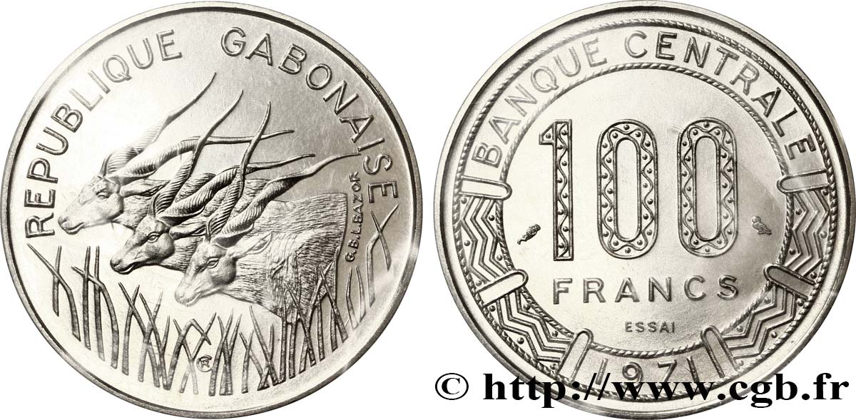 GABóN Essai de 100 Francs antilopes type “Banque Centrale” 1971 Paris FDC 