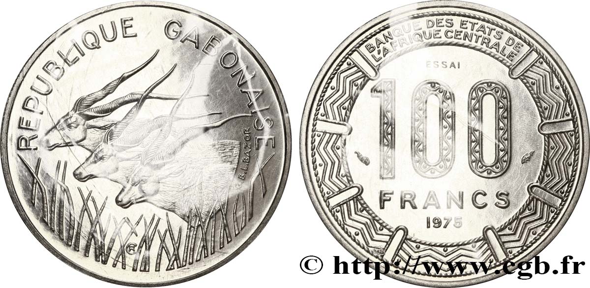 REPUBLIK KONGO Essai de 100 Francs type “BCEAC”, antilopes 1975 Paris ST 