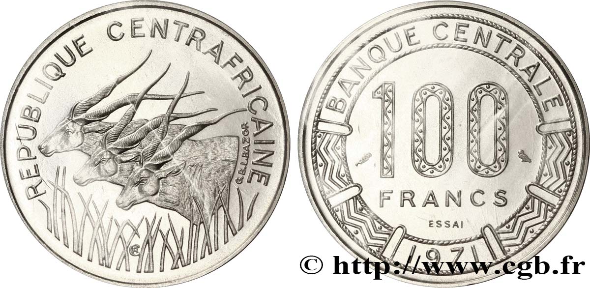 REPUBBLICA CENTRAFRICANA Essai de 100 Francs antilopes 1971 Paris FDC 